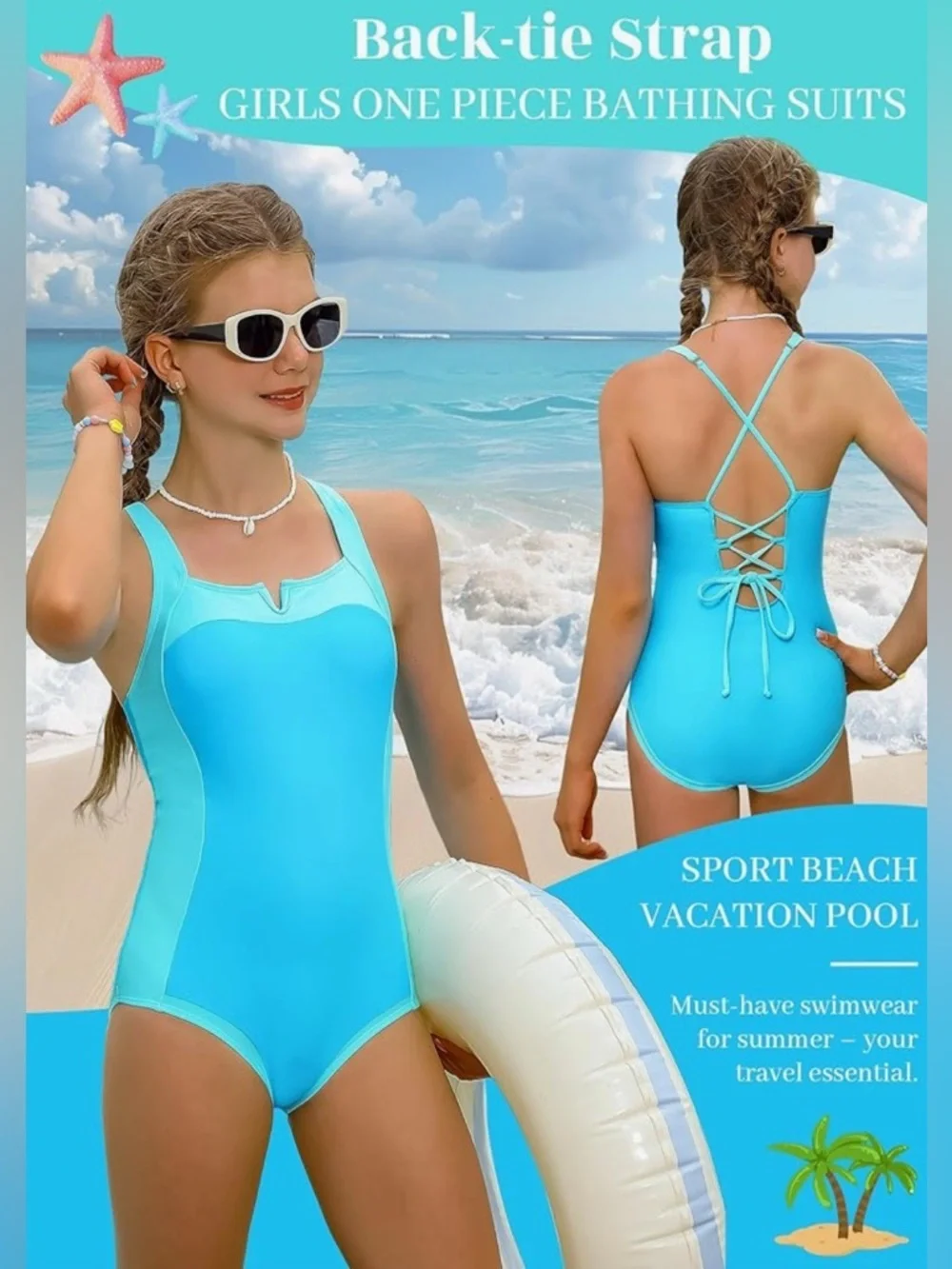 NWT-9-10 Girl Turquoise Adjustable Straps Color Block Padded Pool Beach Swimwear